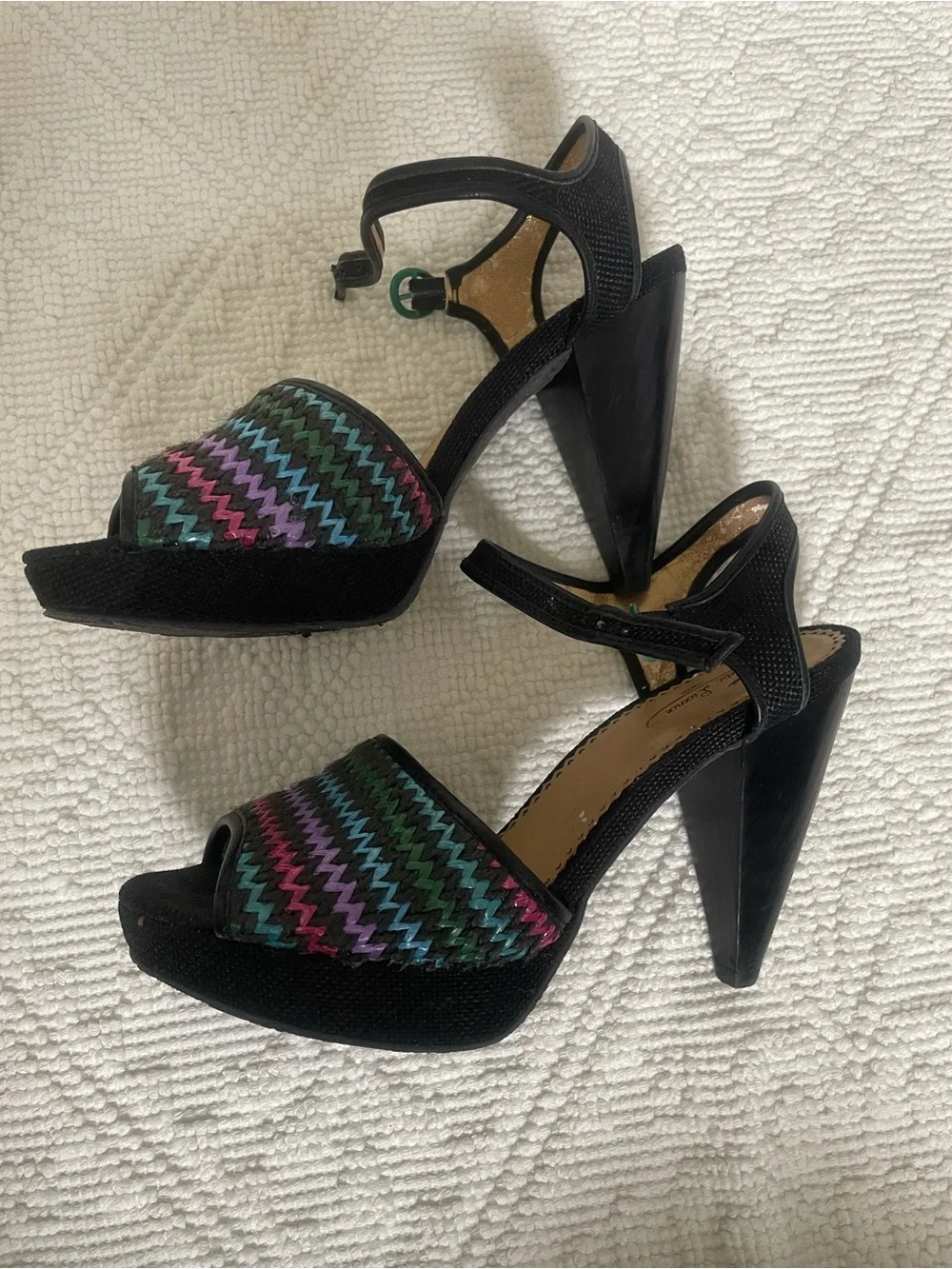 Black Platform Heels with Multicolor Zigzag Strap size 38 1/2 Euro ( 8 US)